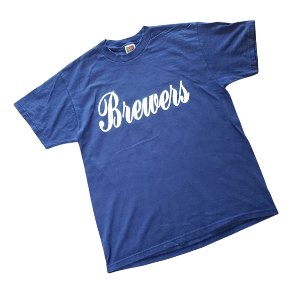 Brewers Jersey Shirt Baseball Fruit of the Loom Large Navy Blue Short Sleeve - Picture 3 of 6
